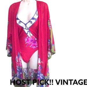 VTG 70s Gottex Swimsuit & Kimono Set Pink Mod Bohemian Coverup 2pc Rare S 6 8